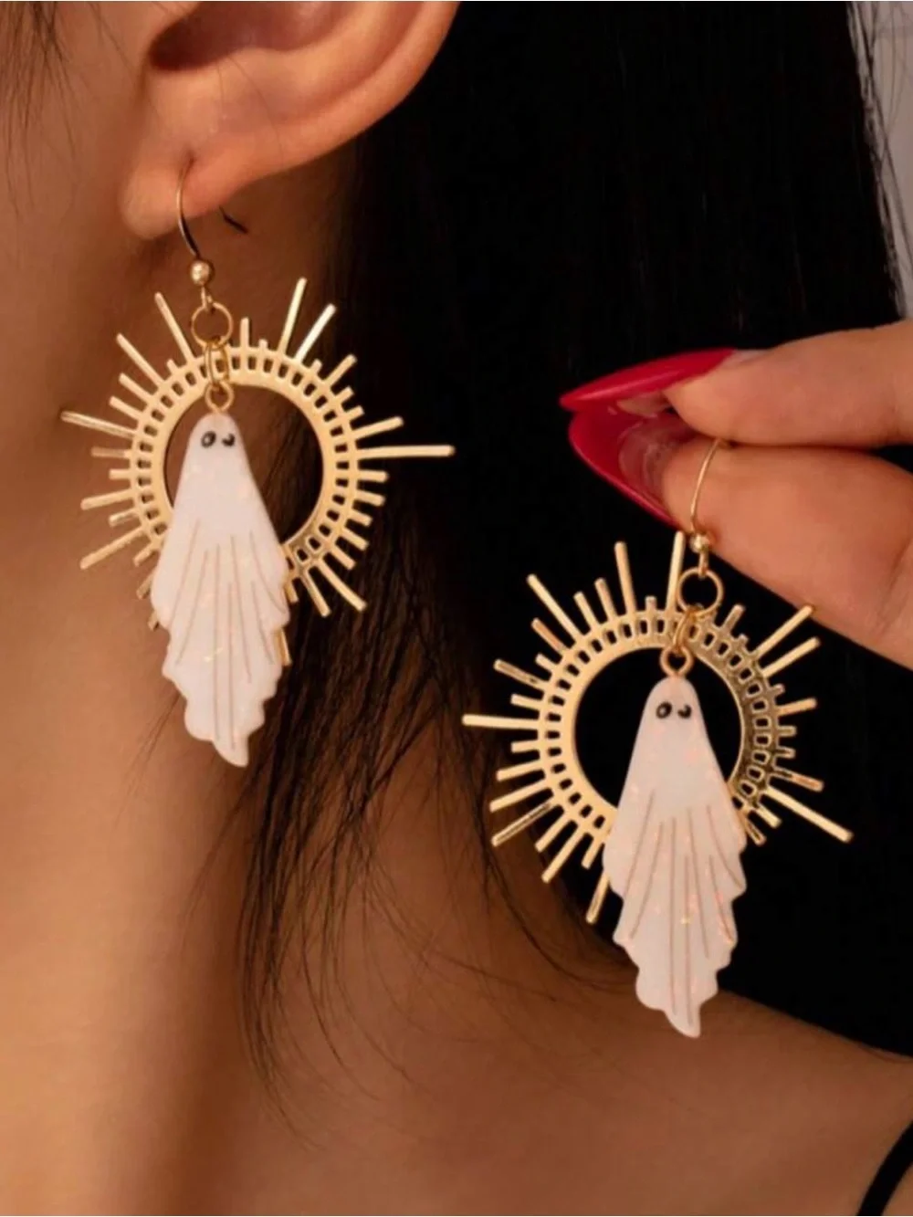Gold Sunburst Earrings with White Ghost Charm - Women Jewelry